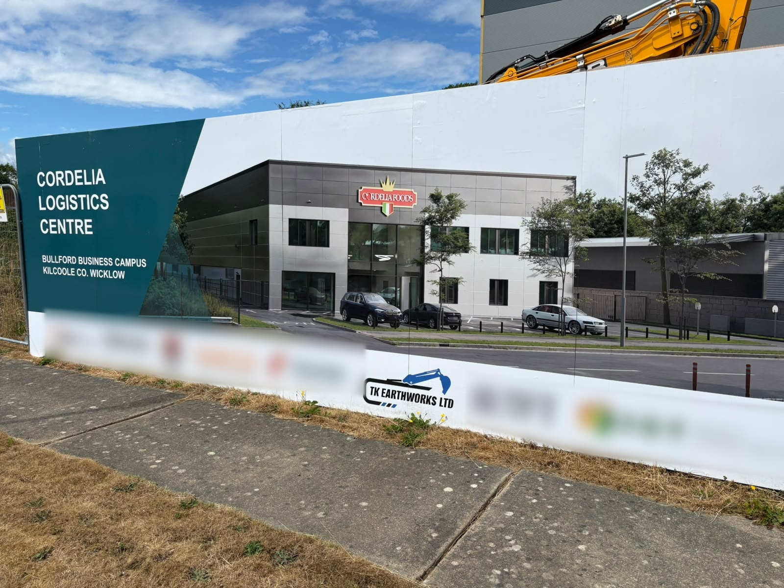 Cordelia Logistics Centre hoarding board — TK Earthworks main contractor, Bullford Business Campus, Kilcoole, Co. Wicklow